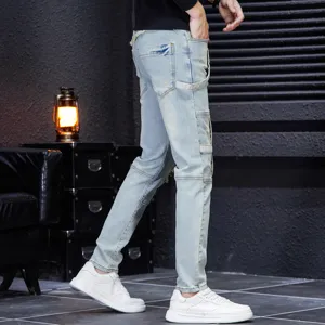 Vaqueros de denim lavado slim rectos cargo moto pantalones casuales de moda hombre.
