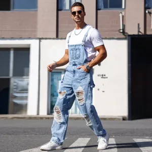 Men's light blue distressed denim overalls casual streetwear fashion dungarees for men