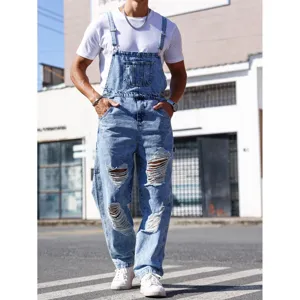 Men's Light Blue Ripped Denim Bib Overalls Distressed Streetwear Casual Denim Jumpsuit Trousers For Men Fashion Spring Jeans
