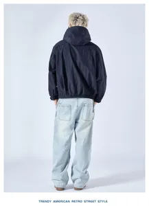 Men's retro hooded jacket and loose denim jeans set, stylish casual streetwear style.