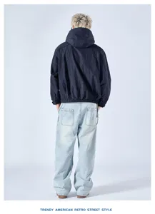 Detailed back view of the American retro streetwear hooded jacket and loose casual jeans.