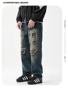 Vintage blaue Destroyed Patch Herren Jeans High Street gewaschene modische Freizeithose