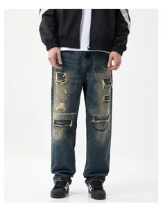 Vintage blaue distressed zerrissene Patch baggy Denim Jeans fuer Herren Streetwear