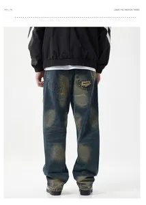 Vintage blaue Jeans mit Rissen und Flicken für Herren Streetwear Waschung Freizeithose.