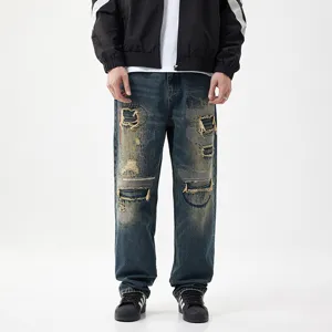Herren Vintage Blau Distressed Patchwork Jeans High Street Washed Zerrissene Denim Hose Für Frühling Herbst Casual Hip Hop Streetwear