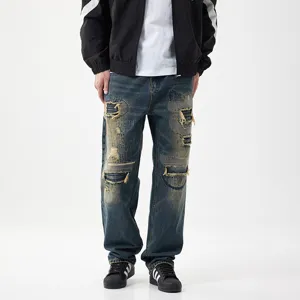 Herren Vintage blaue Destroyed geflickte gewaschene Denim Jeans Streetwear Freizeithose