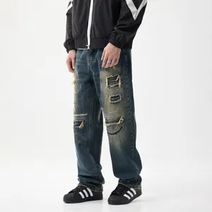 Herren Retro blau distressed Patchwork Waschung Jeans, High Street lose Denim Hose.