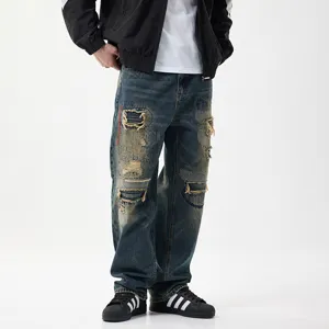 Herren vintage blaue distressed patch jeans high street casual hose fuer fruehling herbst