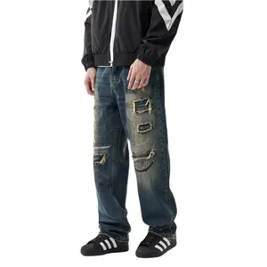 Herren Vintage blaue Destroyed Patch Jeans Streetwear Denim Hose Loose Fit Fashion