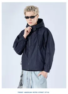 American retro tooling hooded jacket, casual loose streetwear coat for men, long sleeve top.