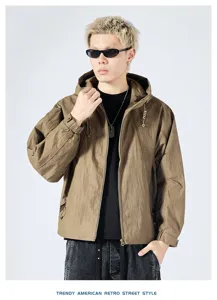 Mens retro hooded jacket casual streetwear loose spring autumn outerwear fashion cool coat