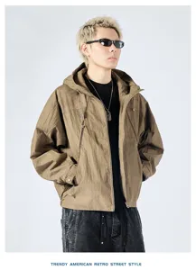 Detailed view of the casual hooded jacket with metal zipper and practical pockets.