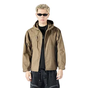 Men retro hooded jacket casual streetwear loose fit autumn outdoor windbreaker top