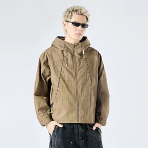 Men's Brown Tooling Hooded Jacket Casual Loose Retro Spring Autumn Fashion Outerwear