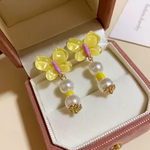 Cute yellow butterfly pearl dangle earrings in pink jewelry box sweet style fashion jewelry