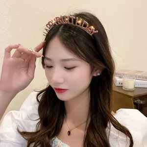 Korean style rhinestone happy birthday letter headband shiny metal hair hoop party hair accessories