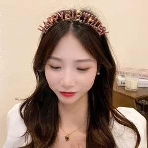 Luxury Alloy Rhinestone Happy Birthday Letter Headband Shiny Hair Band For Women Birthday Party Hair Accessories