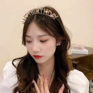 Rhinestone happy birthday headband detail view, sparkling hair hoop accessory for party styling.