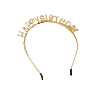 Gold rhinestone happy birthday headband, sparkly metal hair hoop party accessory for women.