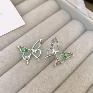 Silver translucent green enamel butterfly stud earrings, sweet fresh style jewelry daily wear.