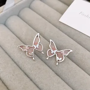 Sweet pink butterfly ear studs, summer fresh style earrings for girls, high-end delicate jewelry.