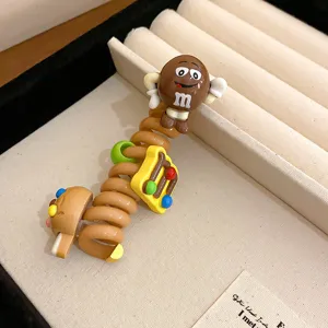 Dopamine telephone wire hair ring with cute brown cartoon character charm sweet hair rope