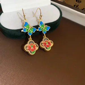 Gold-plated butterfly and red lotus clover drop earrings, elegant enamel jewelry.