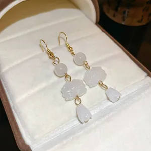 Elegant white flower tassel earrings with gold-plated hooks, sweet forest style jewelry for women.