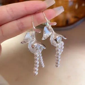 Silver metal flower pearl tassel earrings, elegant fairy style forest design studs for women.