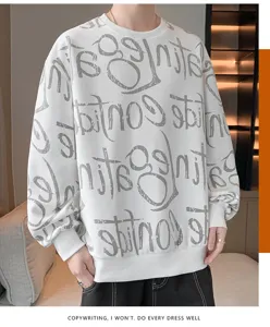 Close-up detail of men's casual crewneck sweatshirt with stylish grey typography graffiti.