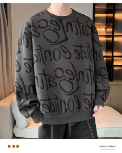 Men's grey crewneck sweatshirt featuring all-over black graffiti letter print and long sleeves.