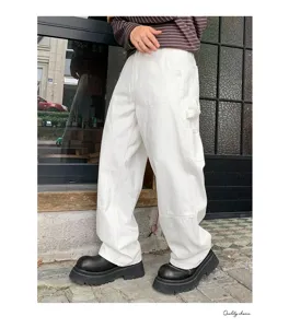 American style heavyweight white loose cargo pants, washed wide leg trousers for men and women.