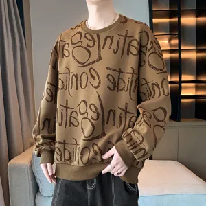 Men's graffiti print crewneck sweatshirt, casual long sleeve pullover, brown streetwear top.