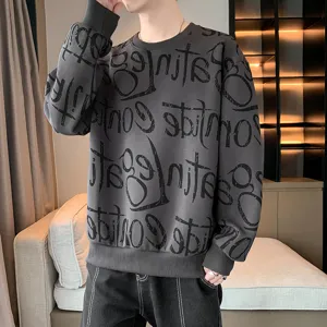 Mens grey crewneck sweatshirt with allover black graffiti letter print casual streetwear top