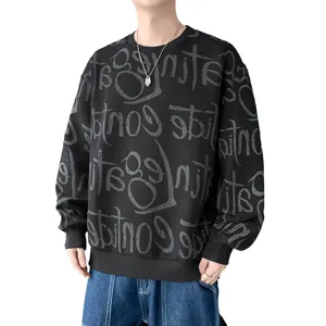 Men's streetwear black graffiti long sleeve crewneck sweatshirt for spring and autumn.