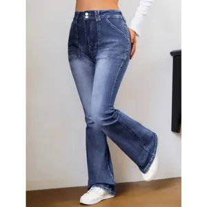 Women blue washed stretchy high waist flared denim jeans slim fit casual long trousers main