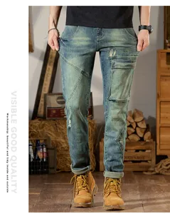 Hombre vintage azul patchwork slim stretch recto vaqueros estilo moto pantalón