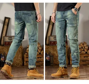 Jeans vaqueros retro azul patchwork hombre corte slim biker elástico pantalón recto casual