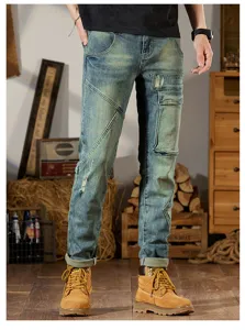 Hombre vintage patchwork azul slim fit stretch jeans rectos pantalones denim urbano