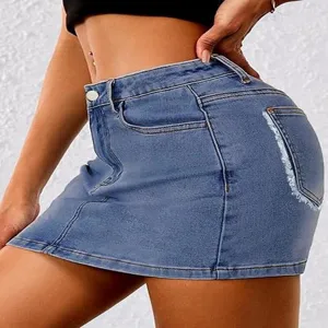 Close-up of women's blue denim mini skirt detail, stretchy fabric and pocket design.