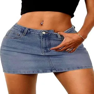 Womens light blue denim miniskirt detail, casual summer apparel with stretch fit and pockets.