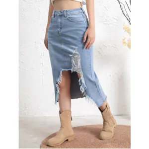 Women denim skirt vintage distressed elastic casual blue midi skirt for spring autumn daily wear