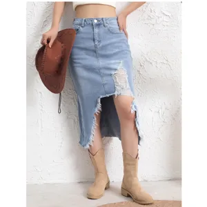 Women blue distressed high waist denim midi skirt, stylish casual apparel for women spring.