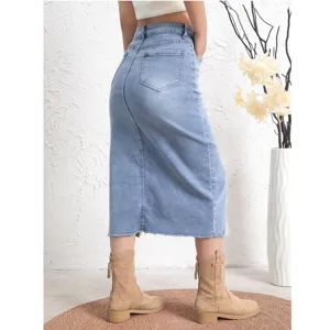Women's blue denim midi skirt, vintage distressed high waist stretch casual long denim skirt