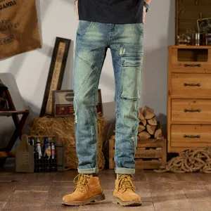 Vqueros Retro Azul Patchwork para Hombre Corte Slim Pierna Recta Pantalones Vaqueros Casual Estilo Motero Elásticos