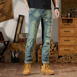 Jeans cargo patchwork azul vintage hombre corte slim elastico recto de denim pantalon