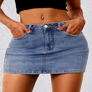 Close-up detail of women's light blue stretch denim mini skirt with button closure and pockets.