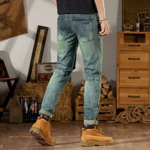 Jeans de hombre vintage slim fit con paneles, pantalón casual elástico estilo moto