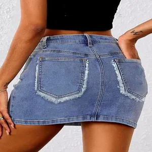 Women's light blue stretch denim mini skirt with distressed back pockets for summer fashion style.