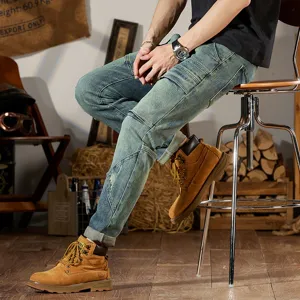 Hombre vintage azul patchwork slim fit stretch denim jeans pierna recta pantalon